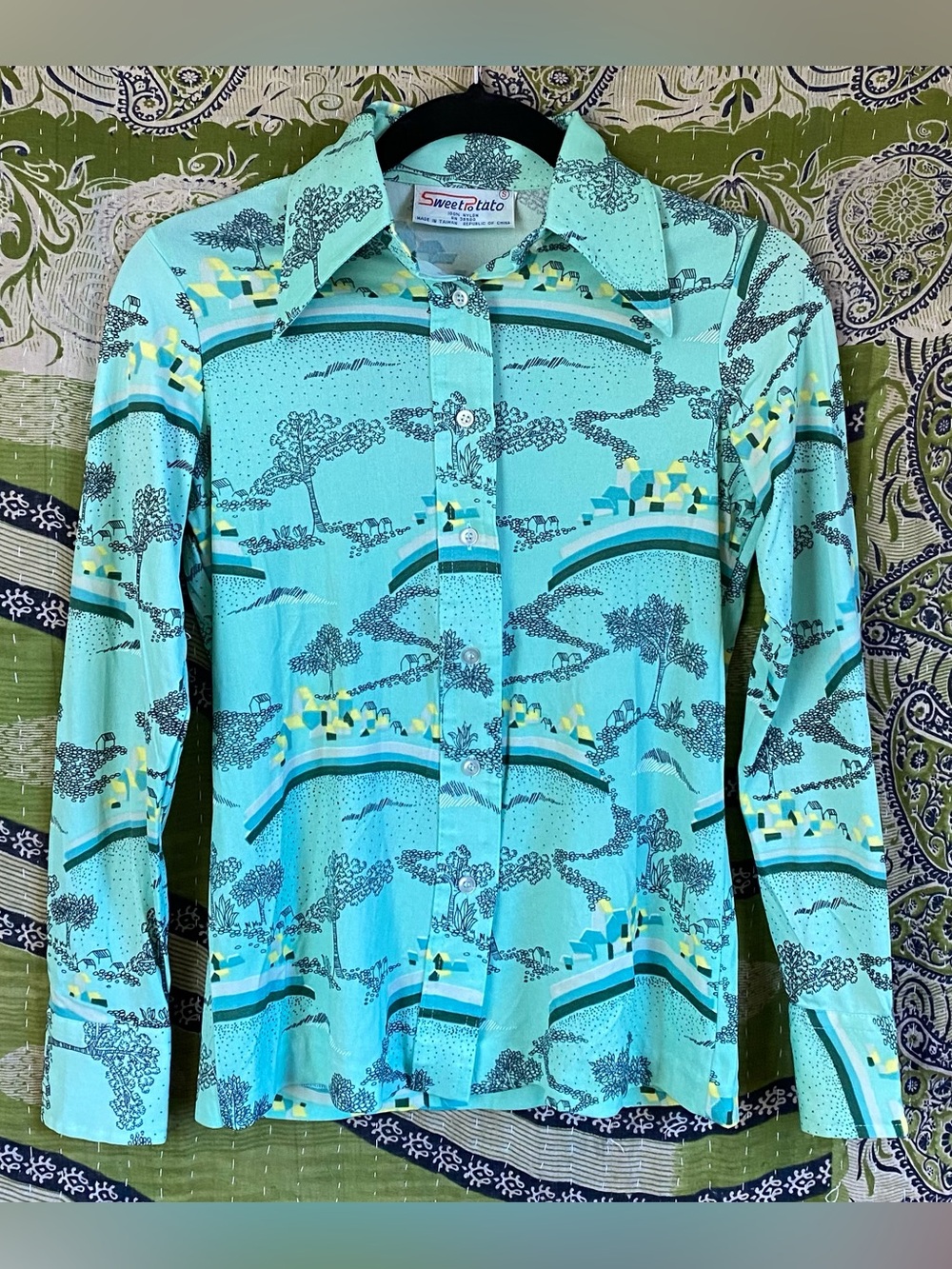 Vintage 70's Sweet Potato Mint Green Landscape Print Western Disco Blouse Small